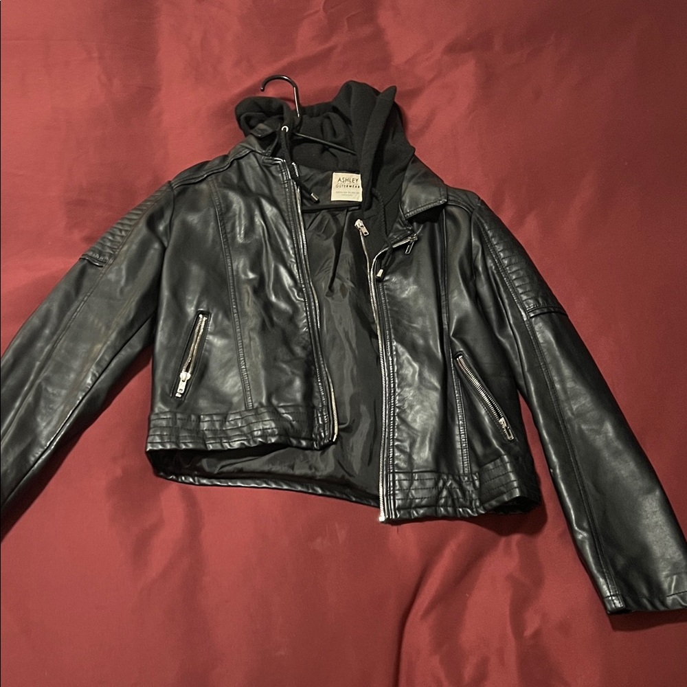 Stylish Black Leather Jacket with Hood